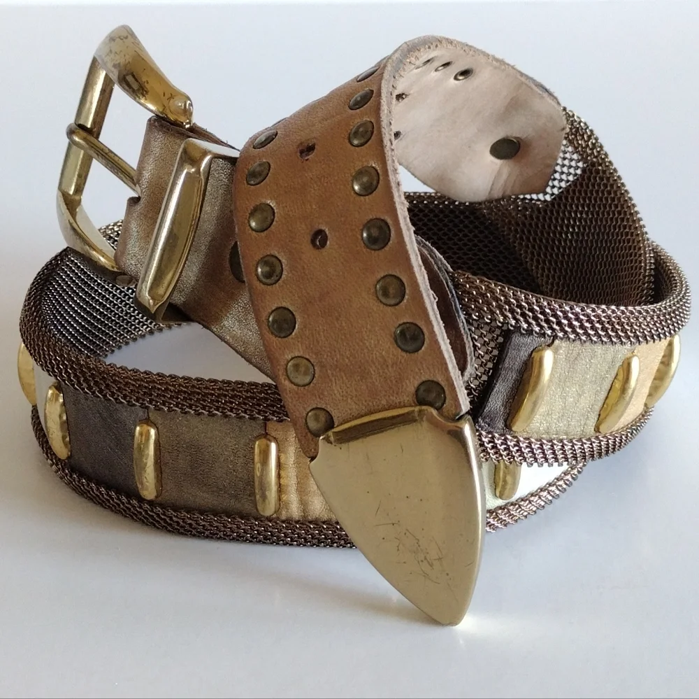Sand Castle USA Metallic Leathers Solid Brass Buckle Mesh Belt Vintage